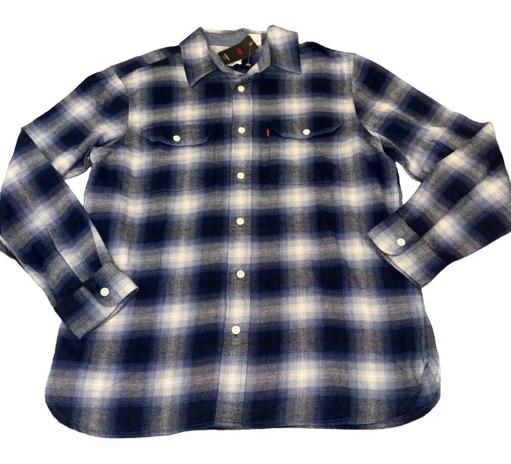 Men Levis NEW White Blue Plaid Flannel Button Shirt Long Sleeve Size MED #4469